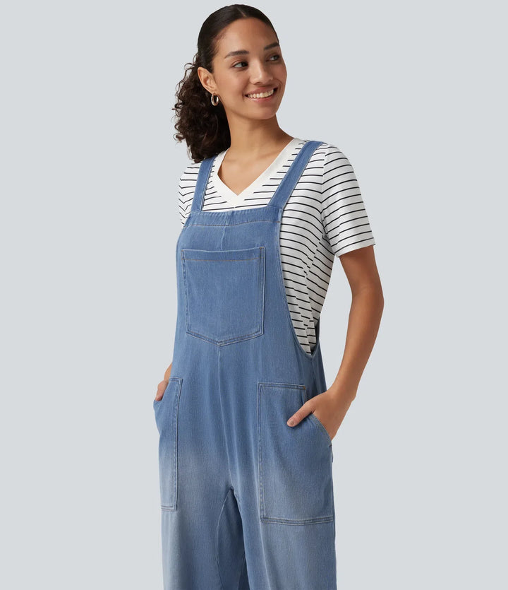 Halara Flex U Neck Sleeveless Barrel Leg Denim Casual Overalls with Pockets