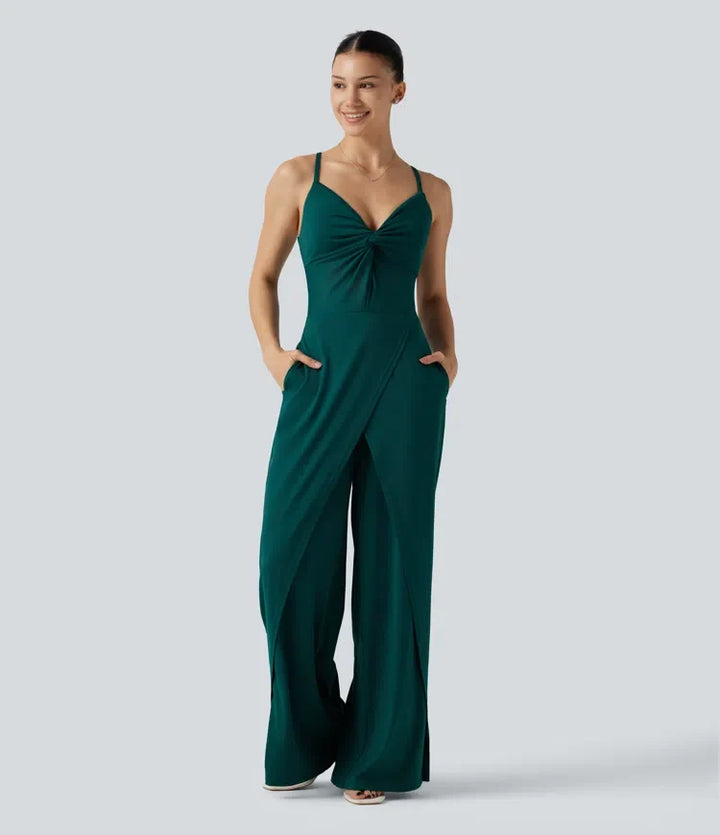 Wrap Split Hem Built-in Bra Casual Slip Baggy Jumpsuit with Pockets-Easy Peezy