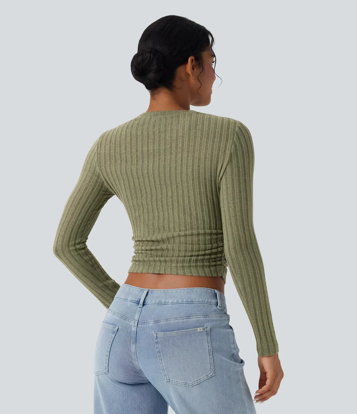 Ribbed Knit Long Sleeve Cropped Casual Top