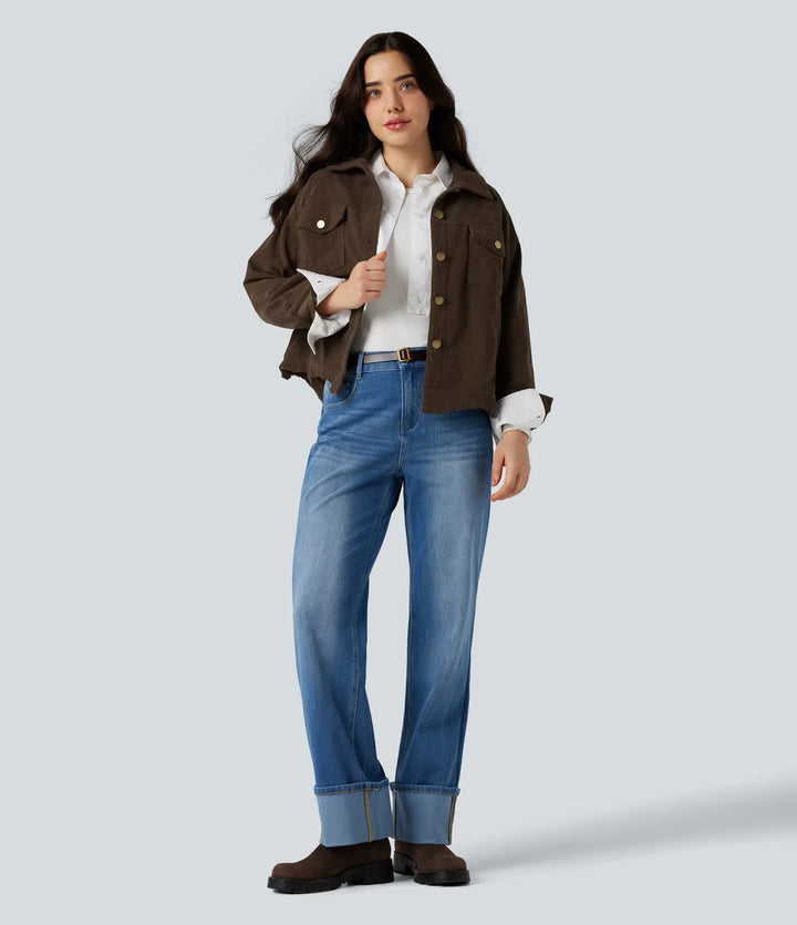 Long Sleeve Button Fly Corduroy Casual Shacket Jacket with Pockets