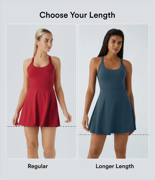 SoftlyZero Airy Backless Twisted Flare Low Support Dance Active Dress-Longer Length-Easy Peezy Edition A-D Cups
