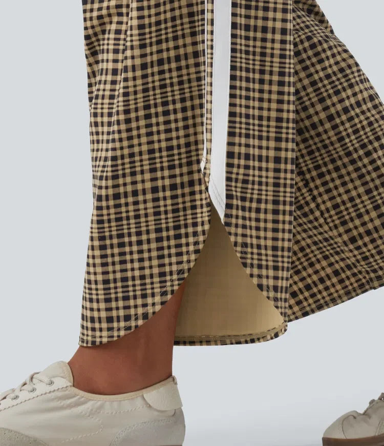 High Waisted Tummy Control Plaid Wide Leg Running Trousers with Pockets