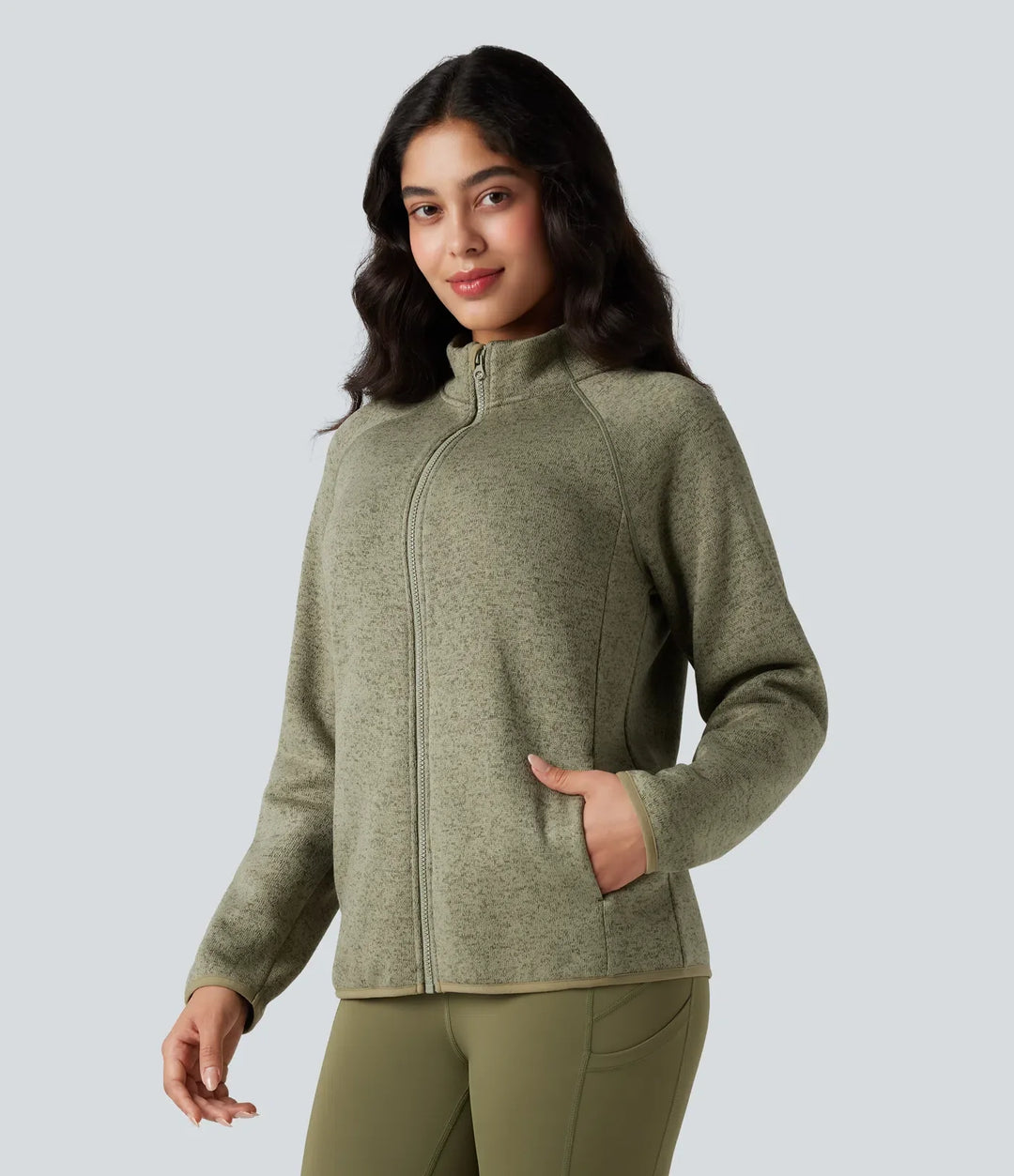 Stand Collar Long Sleeve Zip Fly Hiking Fleece Heathered Jacket with Pockets