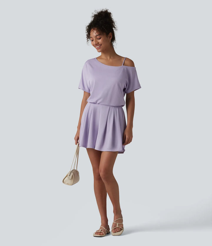 One Shoulder Short Sleeve Pleated Waffle Casual Playsuit with Pockets-Easy Peezy Edition