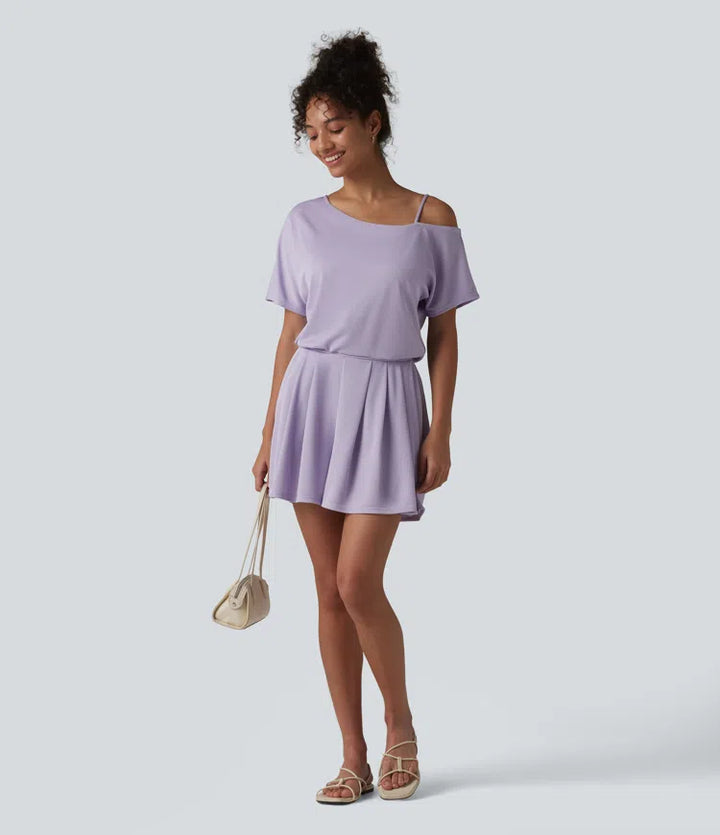 One Shoulder Short Sleeve Pleated Waffle Casual Playsuit with Pockets-Easy Peezy Edition
