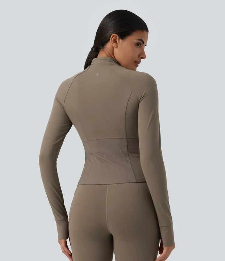 Halara UltraSculpt InstantCool Stand Collar Raglan Thumb Hole Curved Hem Yoga Jacket with Pockets