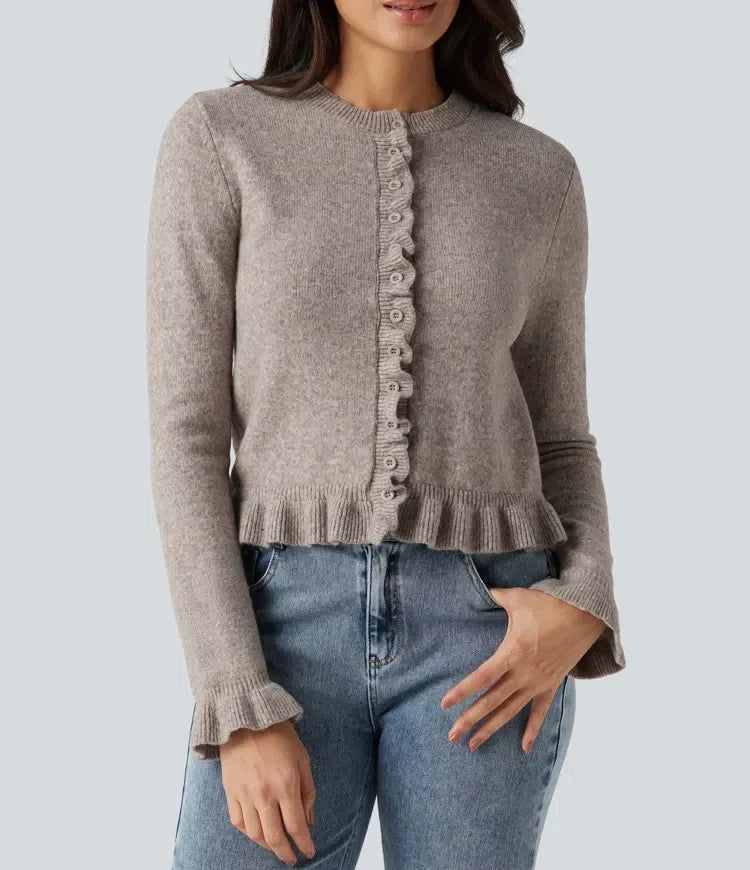 Round Neck Ruffle Long Sleeve Work Wool-Blend Cardigan