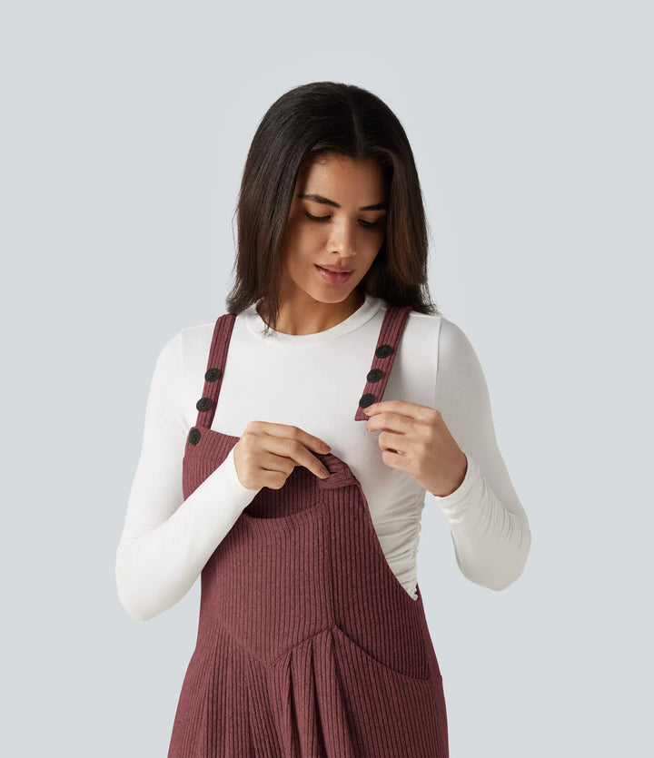 Ribbed Knit Casual Dungarees with Pockets