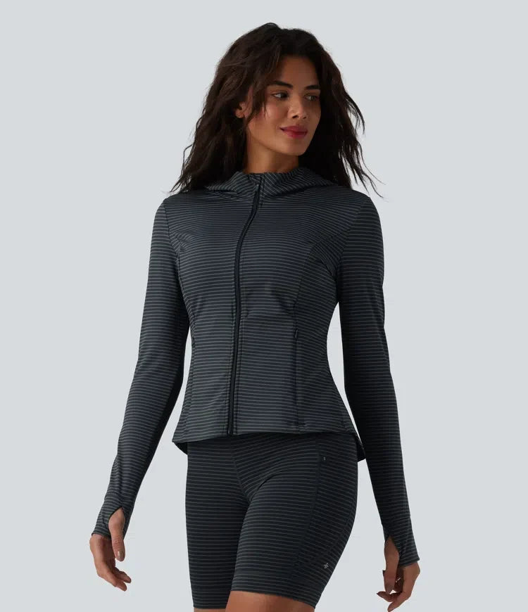 Hooded Long Sleeve Thumb Hole Stripe Yoga Jacket with Pockets