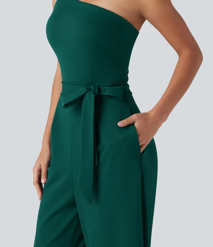 One Shoulder Sleeveless Belted Built-in Bra Party Jumpsuit with Pockets- Easy Peezy