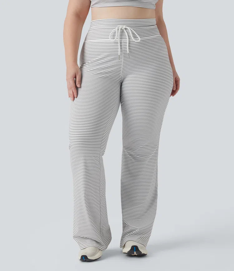 High Waisted Drawstring Stripe Flare Yoga Plus Size Trousers with Pockets