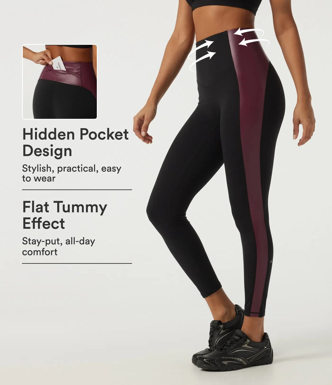 High Waisted Tummy Control Color Block Stretchy PU Yoga Leggings with Pocket