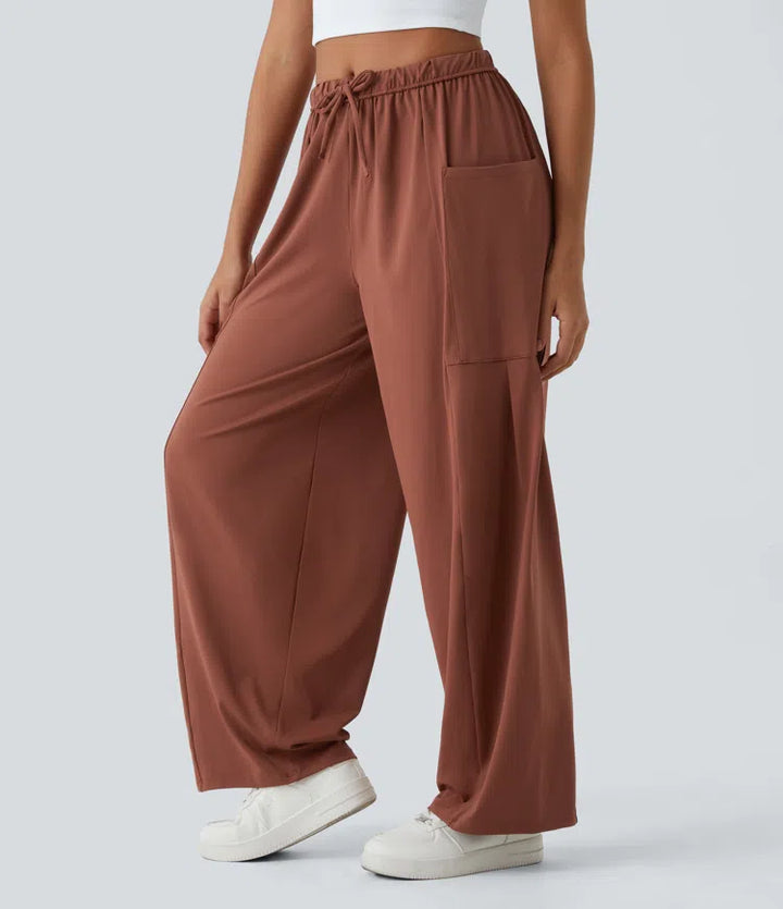 Mid Rise Elastic Waistband Drawstring Side Pocket Palazzo Flowy Wide Leg Casual Trousers