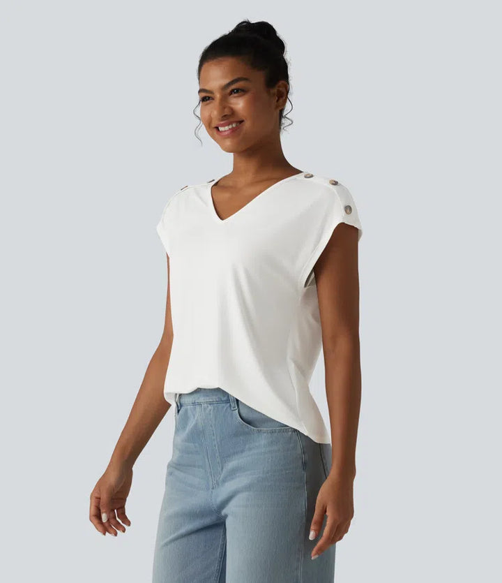 V Neck Decorative Button Cap Sleeve Relaxed Casual T-Shirt