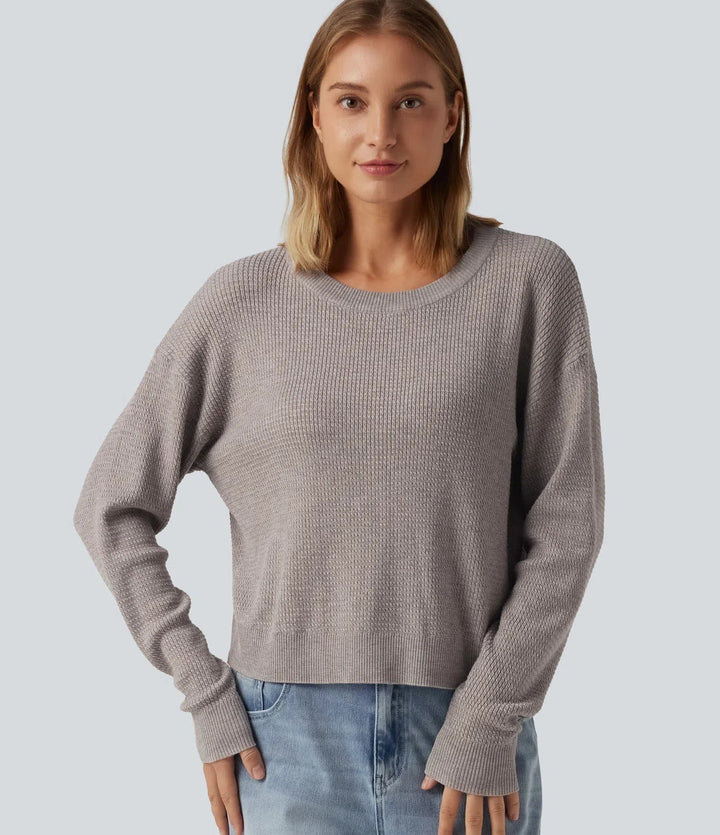 Round Neck Long Sleeve Cut-Out Back Casual Jumper