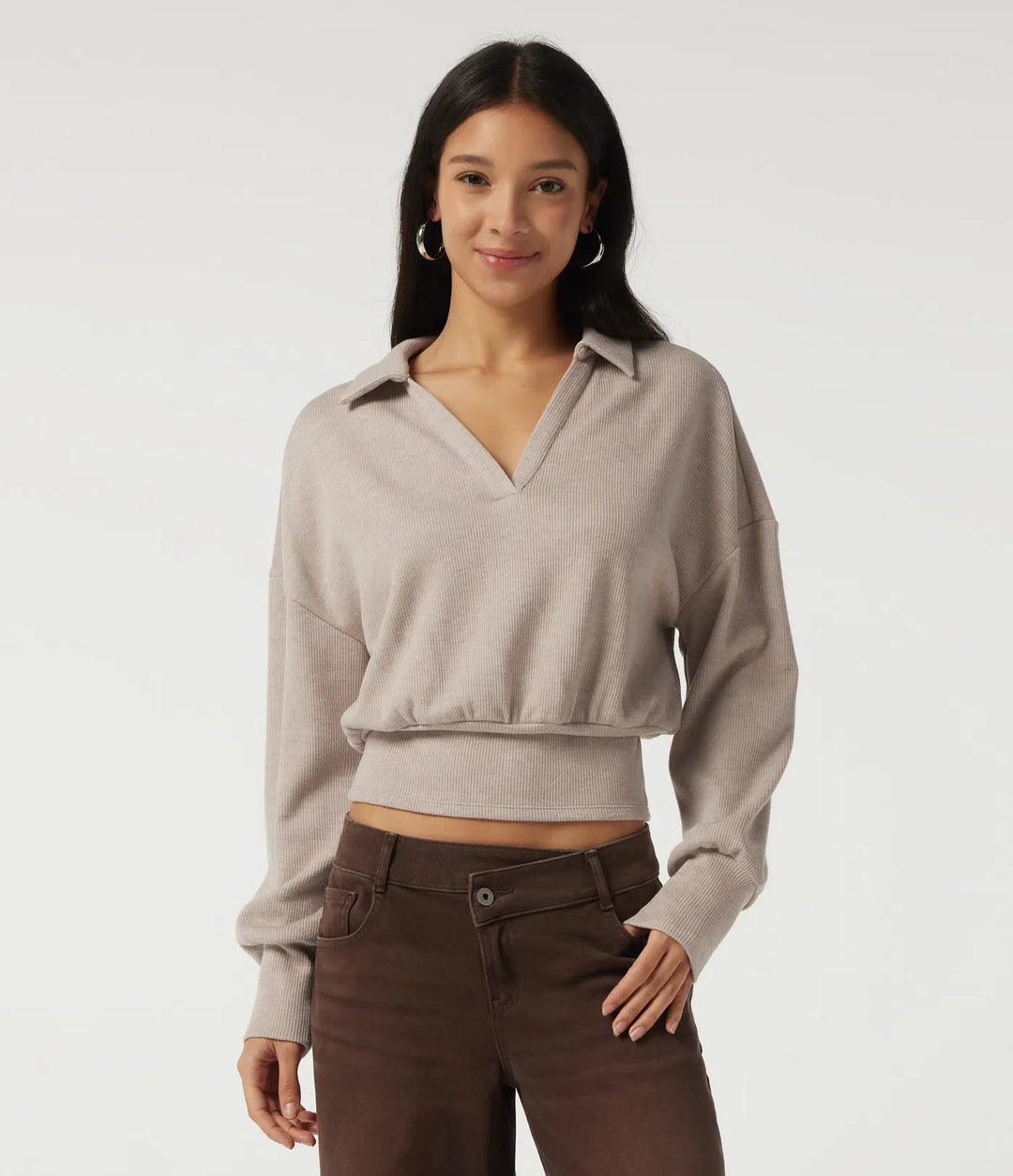 Ribbed Knit Lapel Long Sleeve Casual Top