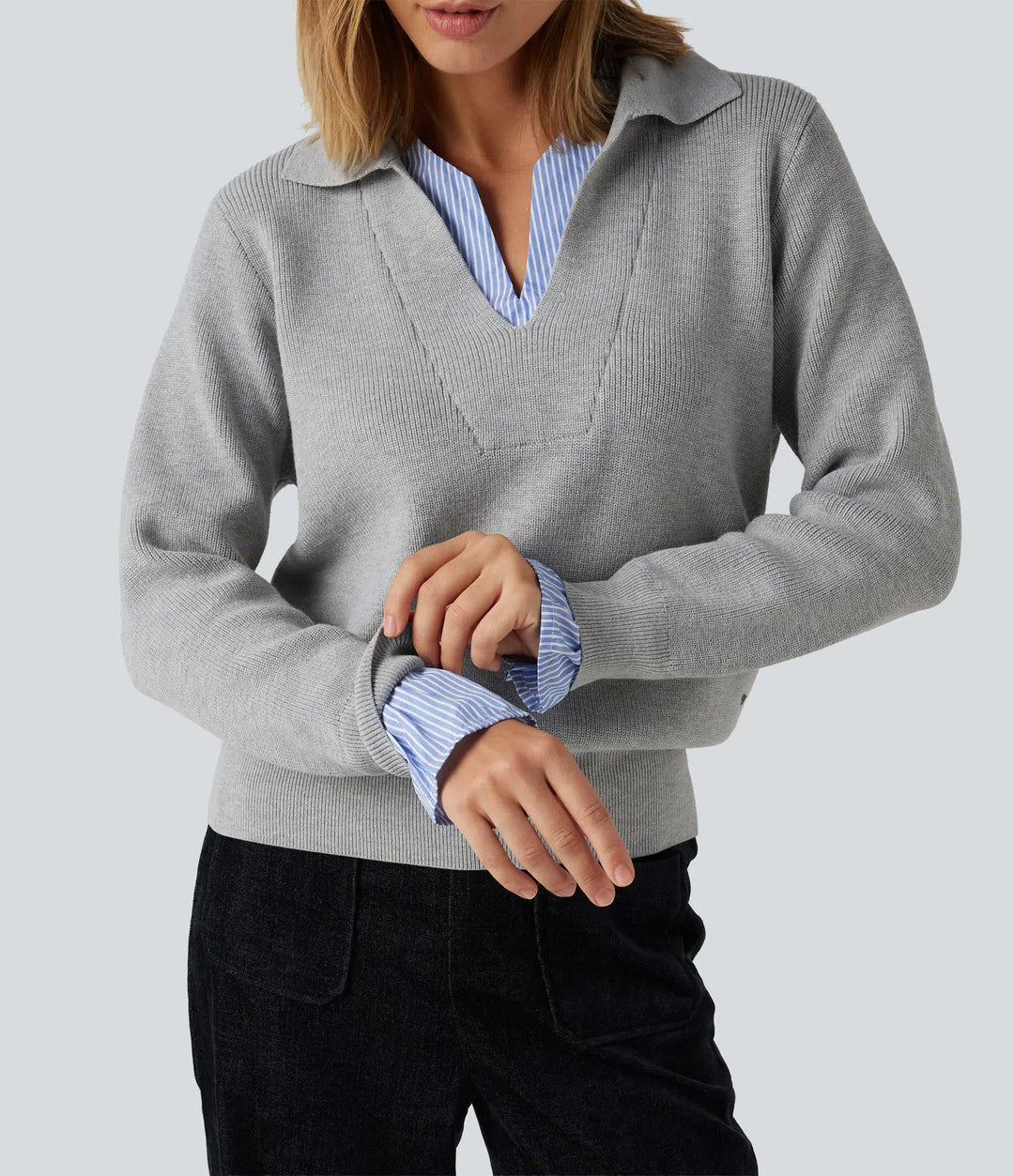 Collared V Neck Long Sleeve 2-in-1 Work Jumper