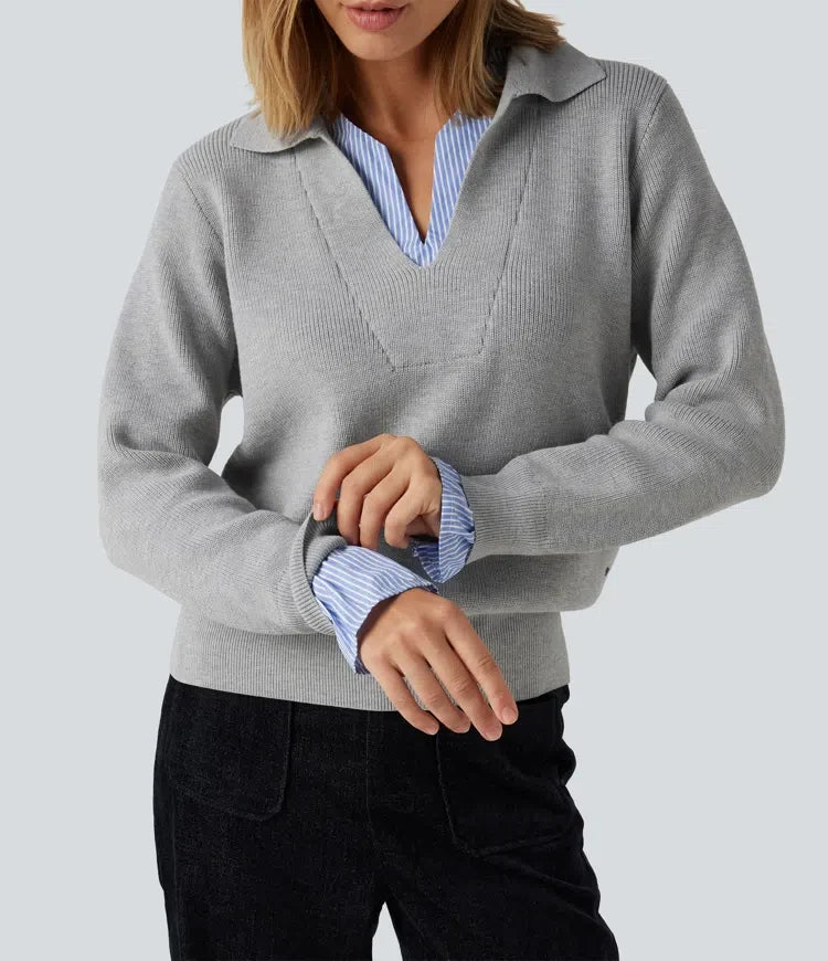 Collared V Neck Long Sleeve 2-in-1 Work Jumper