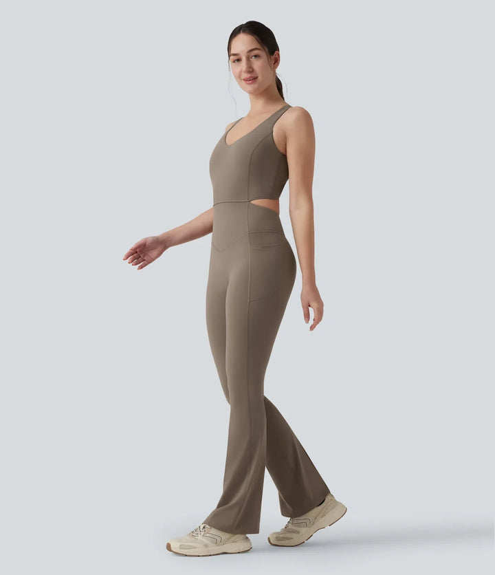 Halara UltraSculpt Crisscross Backless Tummy Control Butt Lifting Scrunch Non-Removable Pad Workout Flare Jumpsuit with Pockets-Easy Peezy