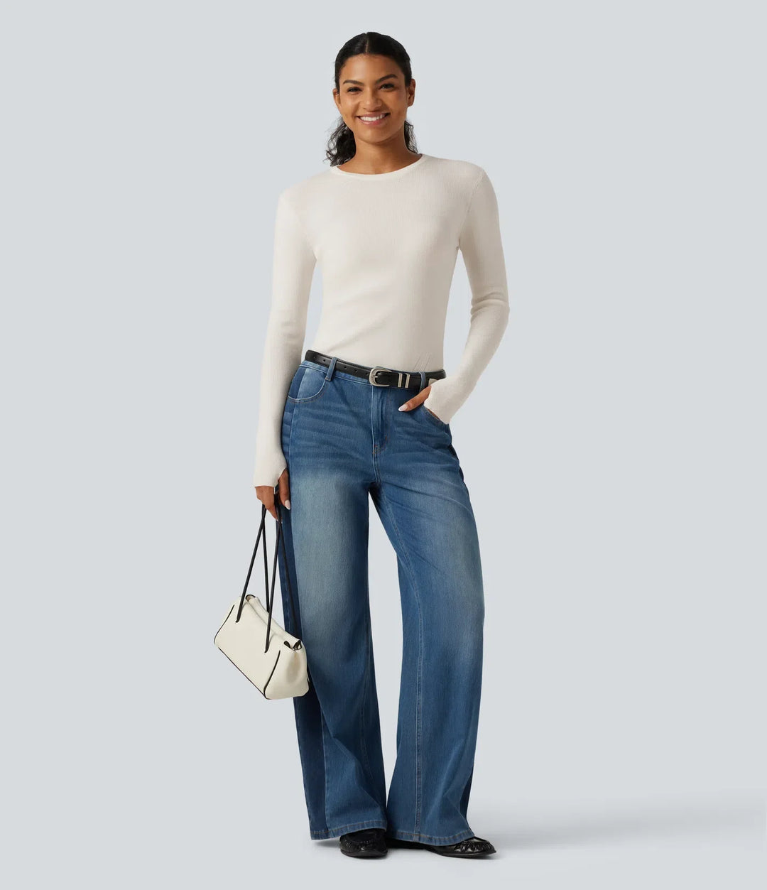Round Neck Long Sleeve Thumb Hole Slim Work Jumper