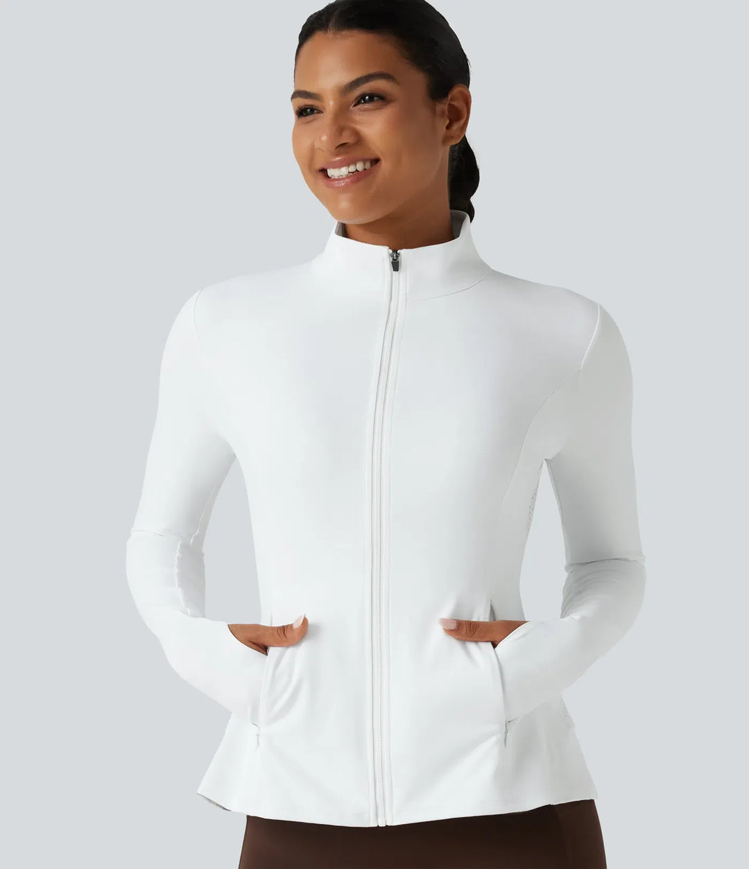 SoftlyZero Airy Stand Collar Long Sleeve Thumb Hole Eyelet Ruffle Hem InstantCool Yoga Jacket with Pockets-UPF50+