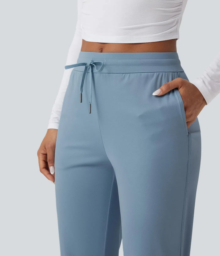 Mid Rise Drawstring Curved Hem Quick Dry Golf Tapered Trousers with Pockets-UPF40+