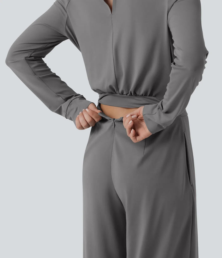 V Neck Long Sleeve Wide Leg Work Jumpsuit with Pockets-Easy Peezy Edition