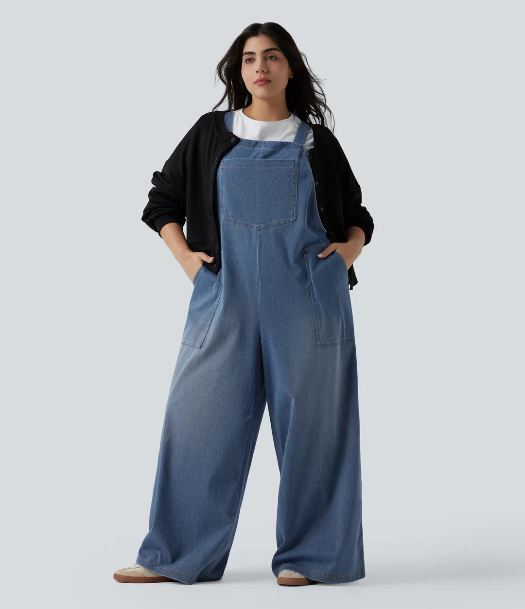 Plus Size Halara Flex Square Neck Washed Denim Casual Dungarees with Pockets