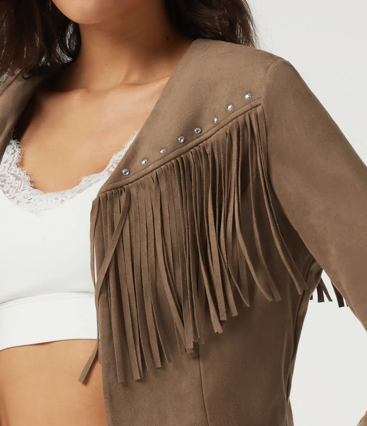 V Neck Long Sleeve Fringe Suede Casual Blazer