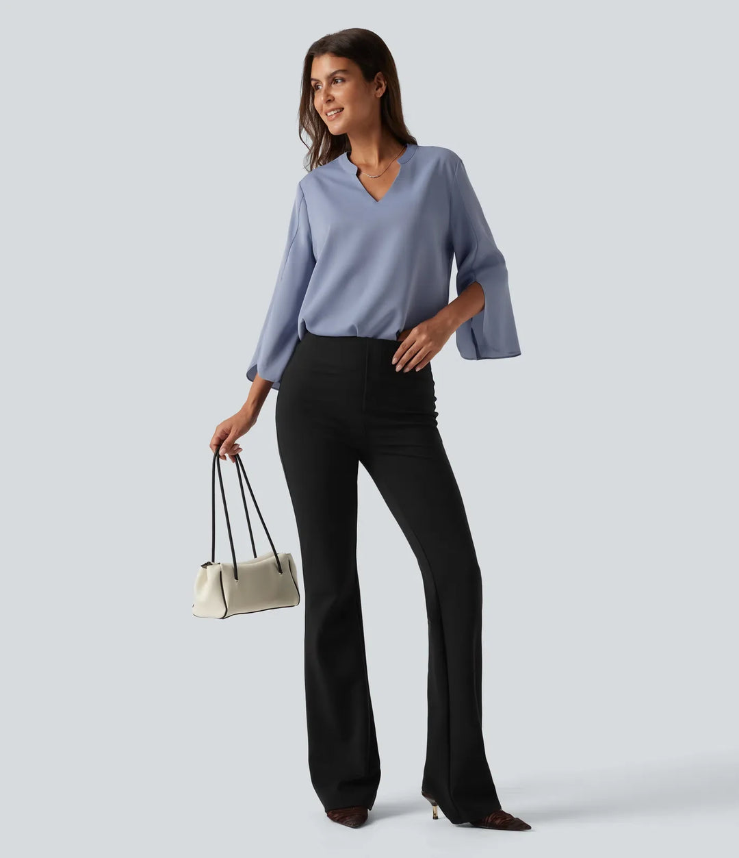 V Neck Flounce Long Sleeve Curved Hem Work Blouse