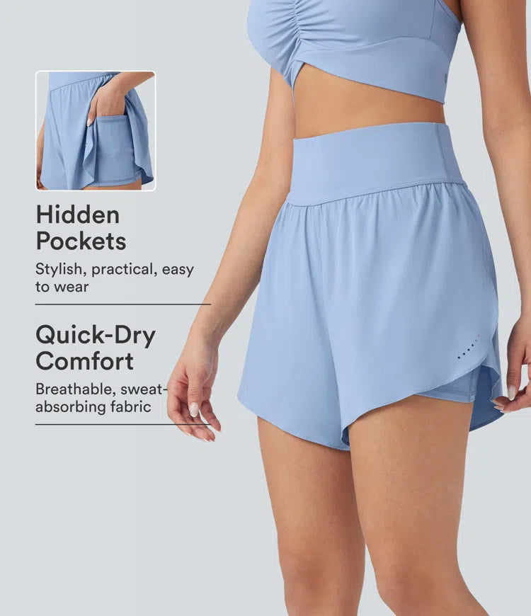 SoftlyZero QuickDry High Waisted Tummy Control Reflective Dots Crossover Hem 2-in-1 Running Shorts 5&
