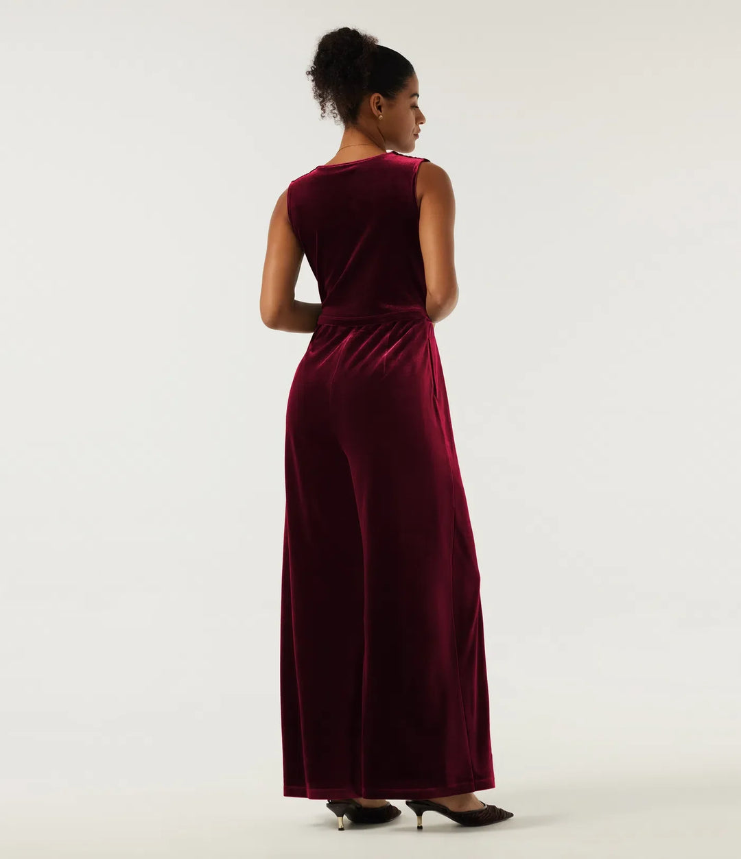 V Neck Ruched Wide Leg Velvet Party Jumpsuit with Built-in Bra and Pockets -Easy Peezy Edition