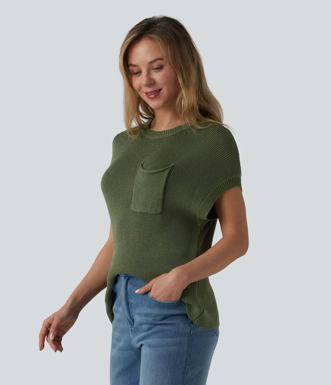 Round Neck Batwing Sleeve Casual Jumper with Pocket