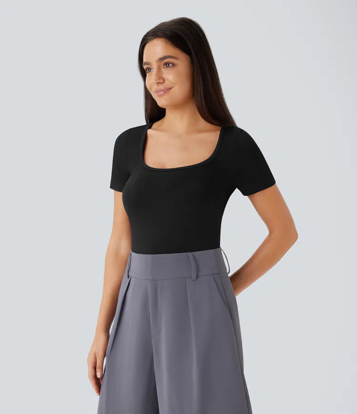 U Neck Short Sleeve Snap Button Skinny Work Bodysuit