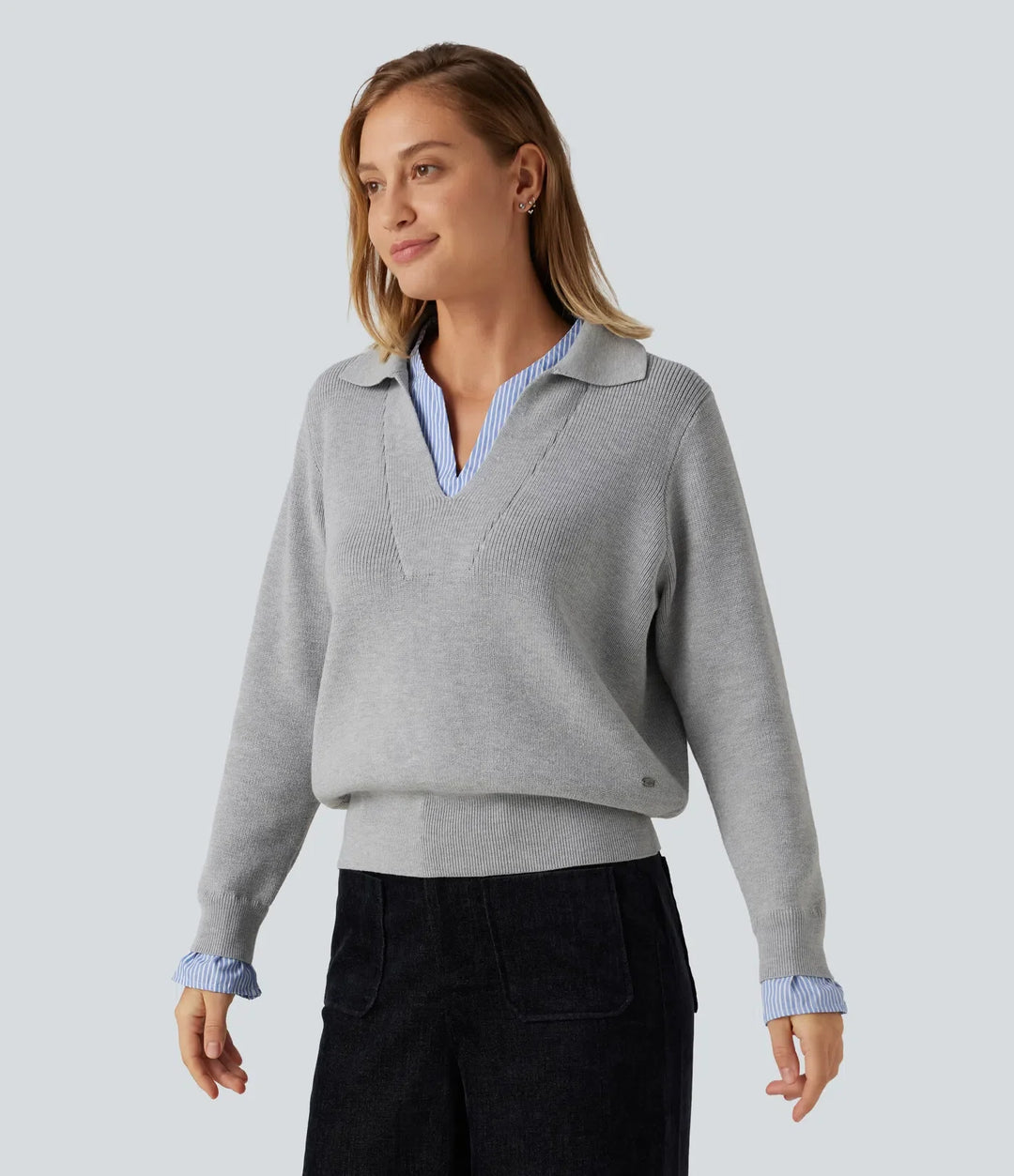 Collared V Neck Long Sleeve 2-in-1 Work Jumper