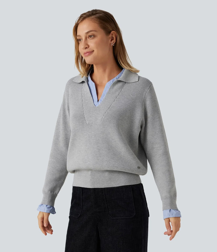 Collared V Neck Long Sleeve 2-in-1 Work Jumper