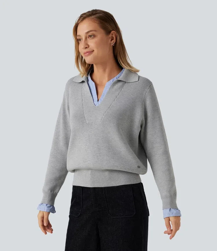 Collared V Neck Long Sleeve 2-in-1 Work Jumper