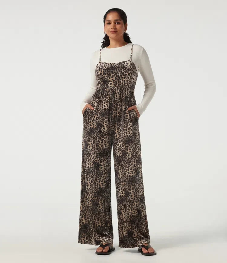 U Neck Sleeveless Leopard Print Velvet Casual Jumpsuit with Pockets