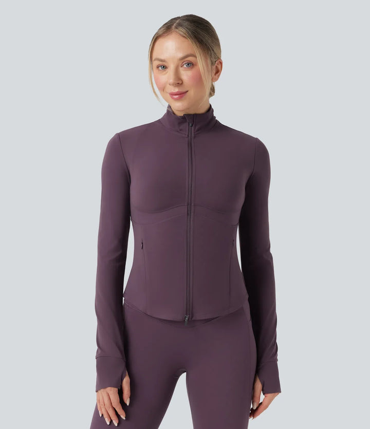 Halara UltraSculpt Mock Neck Push-Up Long Sleeve Thumb Hole Yoga Jacket with Pockets
