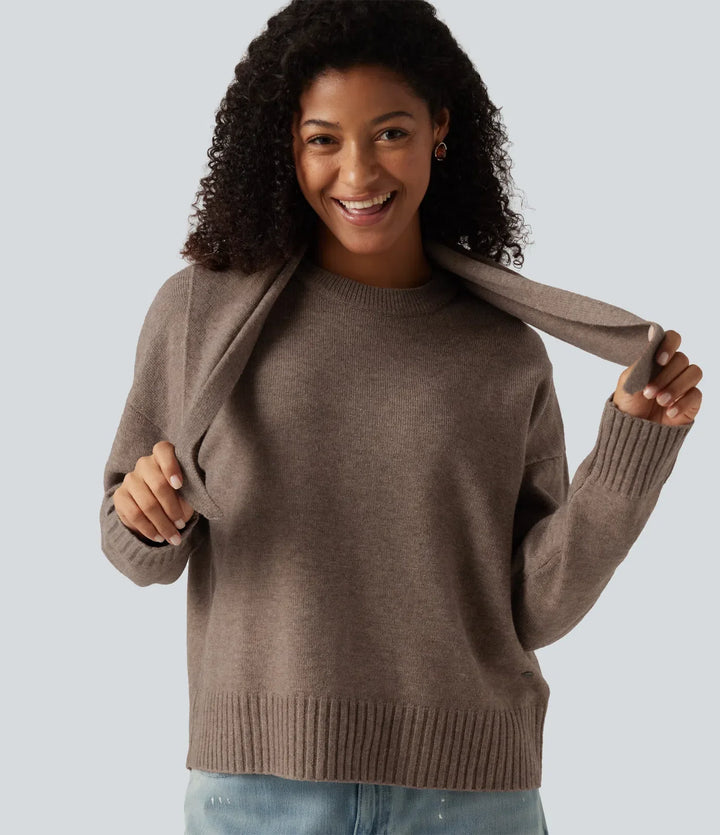 Round Neck Long Sleeve Casual Jumper with Scarf