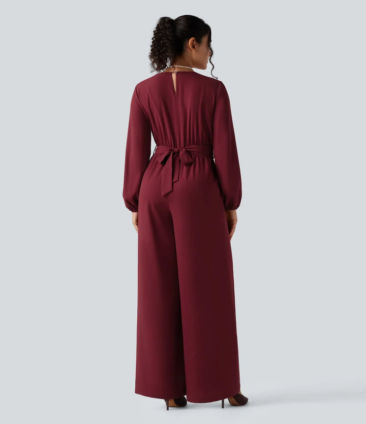 V-neck Puff Long Sleeve Belted Wide Leg Party Jumpsuit with Pockets