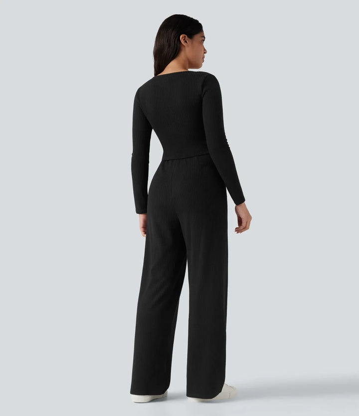 Ribbed Henley Long Sleeve Casual Jumpsuit with Pockets-Easy Peezy