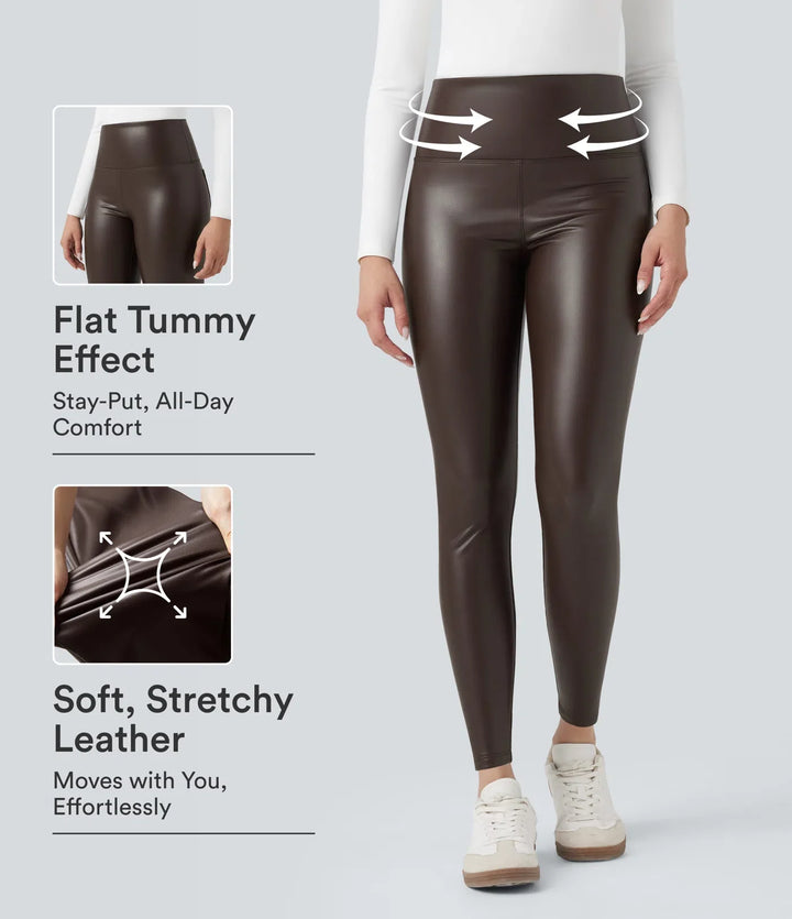 High Waisted Tummy Control Stretchy PU Fleece 7/8 Skinny Casual Leggings with Pockets
