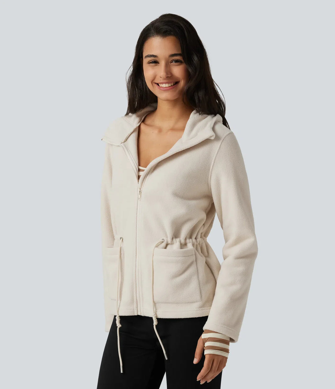 Hooded Drawstring Long Sleeve Casual Sherpa Jacket with Pockets