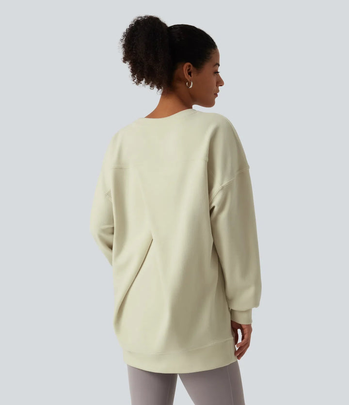 Round Neck Long Sleeve Crisscross Back Fleece Casual Sweatshirt with Pockets
