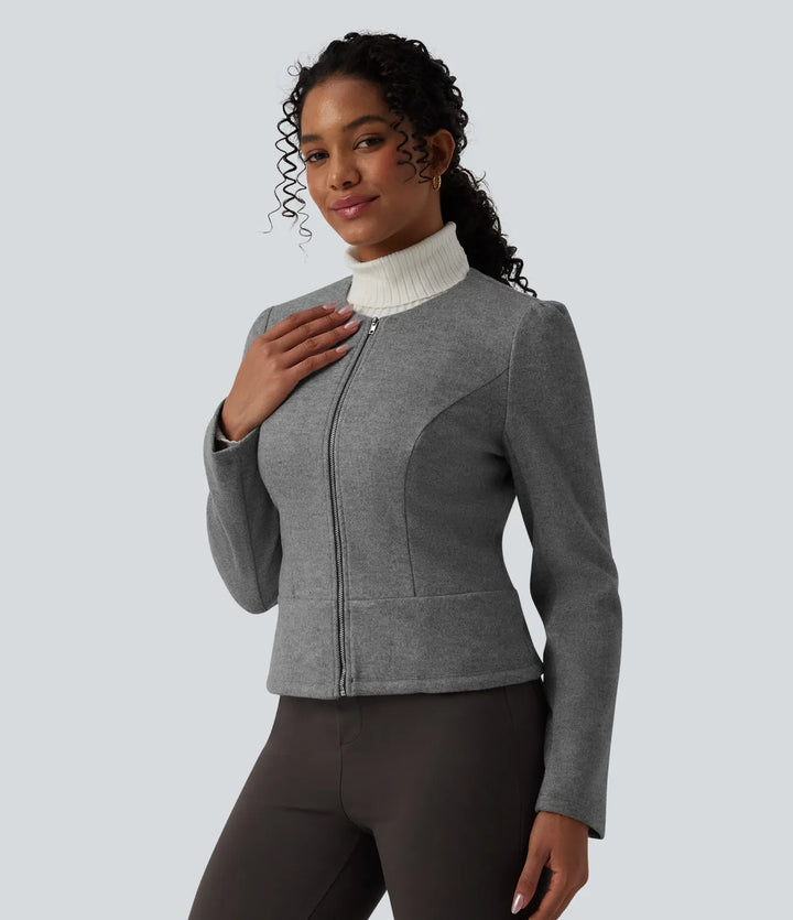 Round Neck Long Sleeve Zipper Fleece Work Jacket