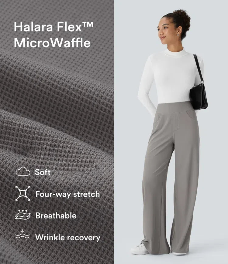 Halara Flex High Waisted Tummy Control Pockets Wide Leg Baggy Micro Waffle Work Trousers