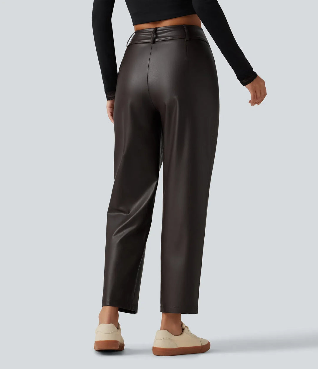 High Waisted Tapered Stretchy PU Fleece Casual Trousers with Pockets