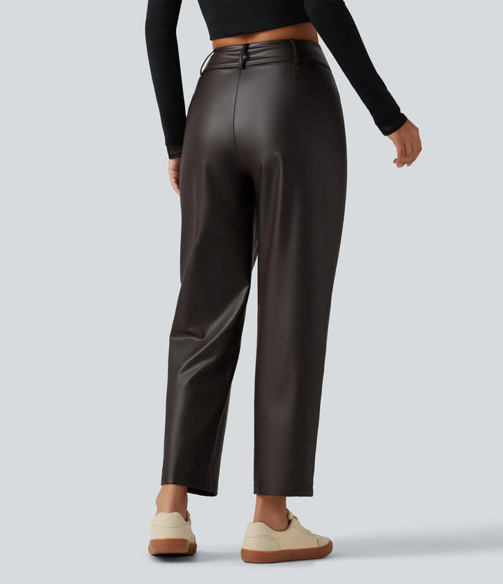 High Waisted Tapered Stretchy PU Fleece Casual Trousers with Pockets