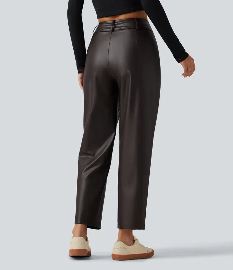 High Waisted Tapered Stretchy PU Fleece Casual Trousers with Pockets